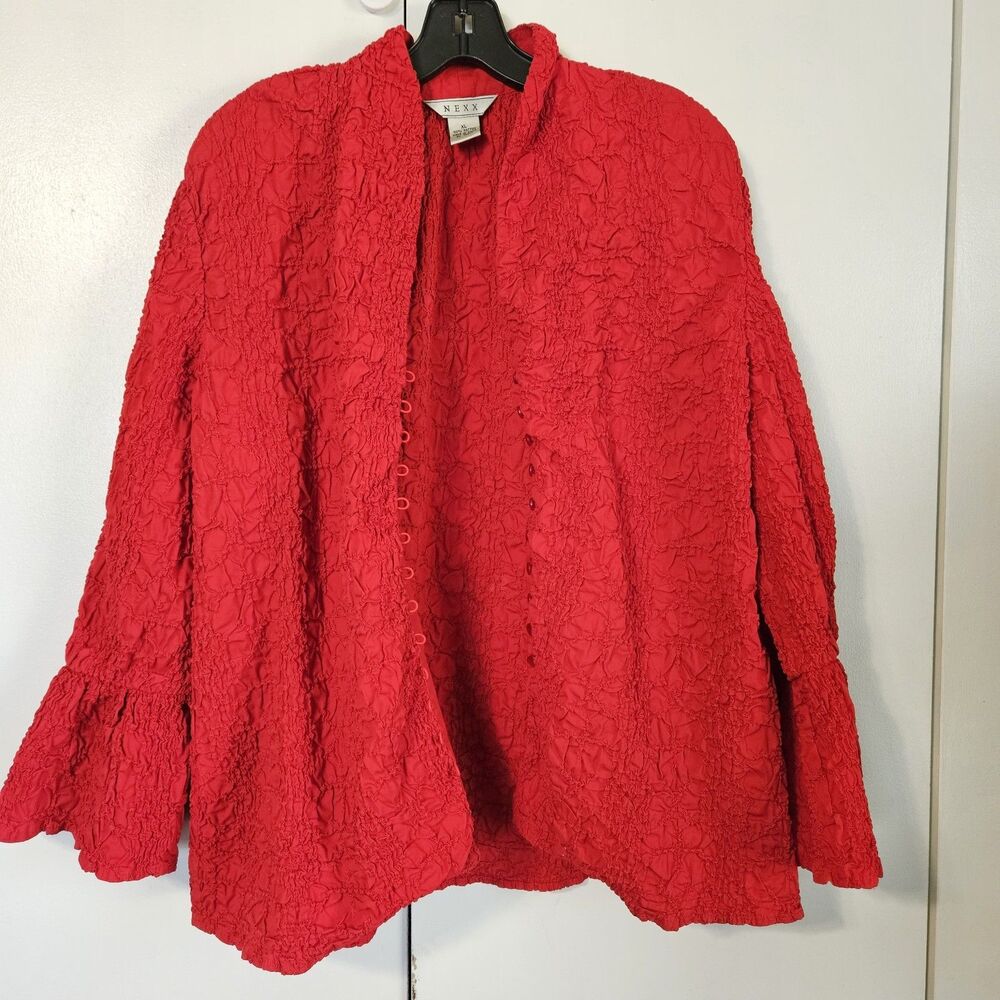 NEXX Women’s XL Red Crinkle Textured Open Front Jacket Artsy Boho Cotton